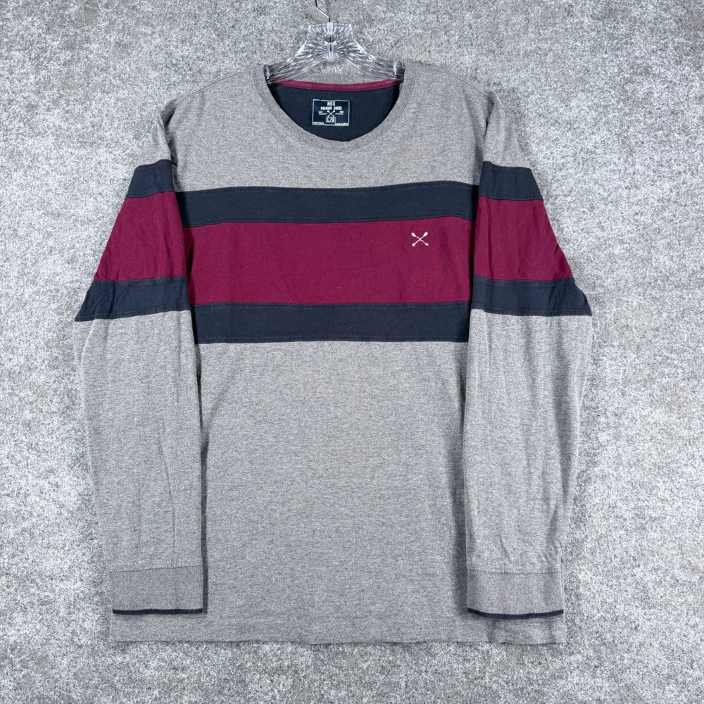 MBX Mens Large Long Sleeve Shirt Gray Maroon Navy Striped Crew Neck Pullover